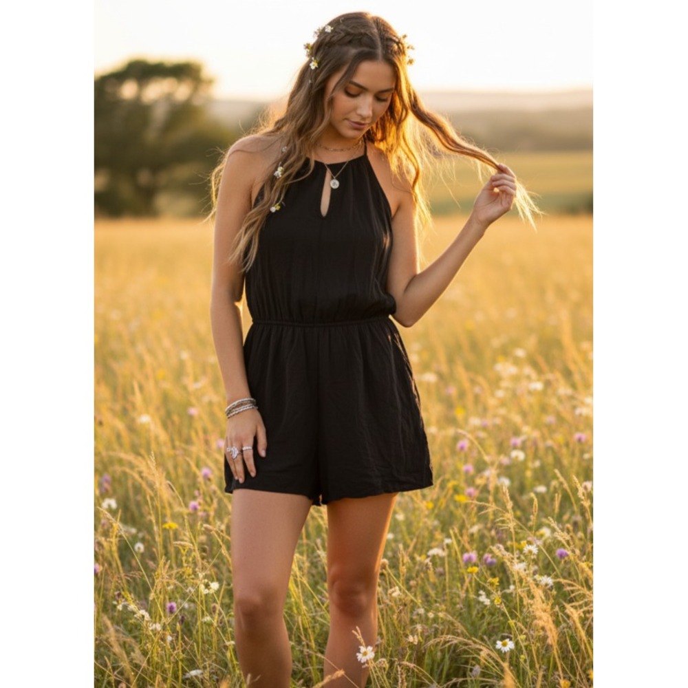 Old Navy Romper Shorts Black Sleeveless Minimalist Boho Grunge Goth Coastal Sz S